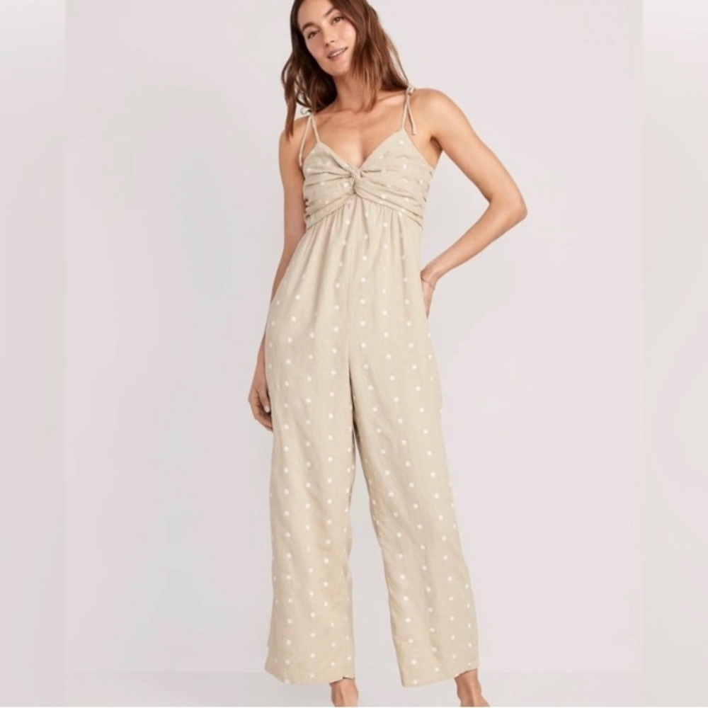 Old Navy Polka Dot Cropped Twist-Front Smocked Jumpsuit Linen Blend M Tan White